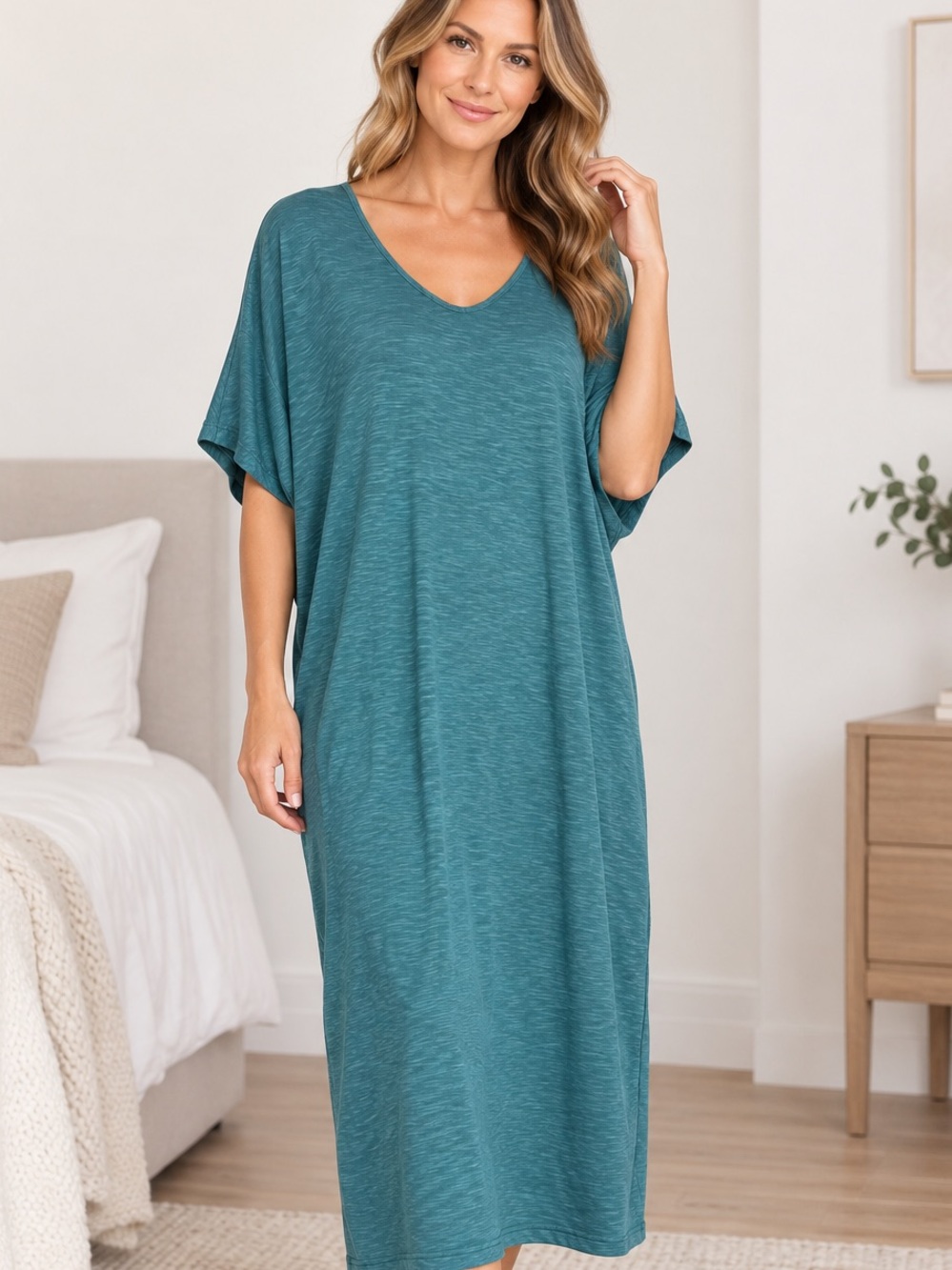Garnet Hill Oasis Knit Cocoon Gown Lounge Dress Size Large Organic Cotton Tencel